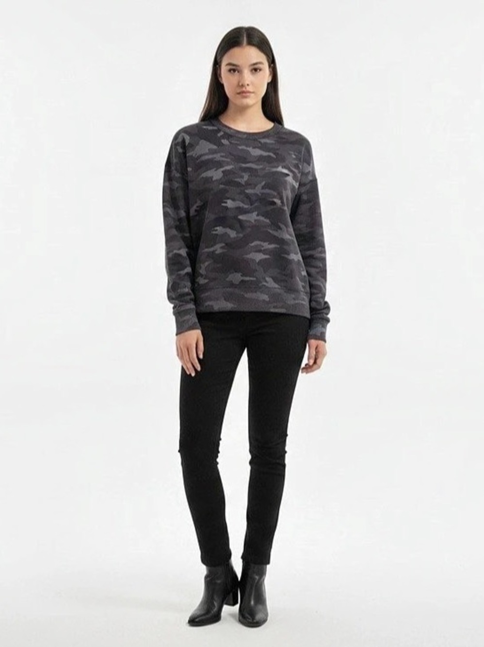 Athleta Pure Luxe Printed Sweatshirt Camo Top Gray & Black Small